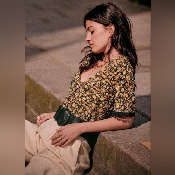 Sézane Celia T-Shirt Blouse Black Blossom Floral Print Organic Cotton Size XS - Picture 10 of 10